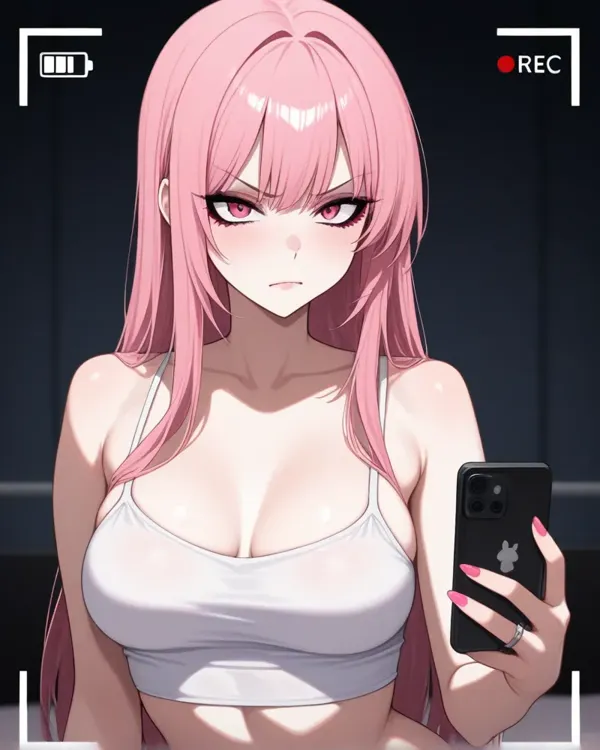 Fidanzata AI anime con i capelli rosa che si fa un selfie