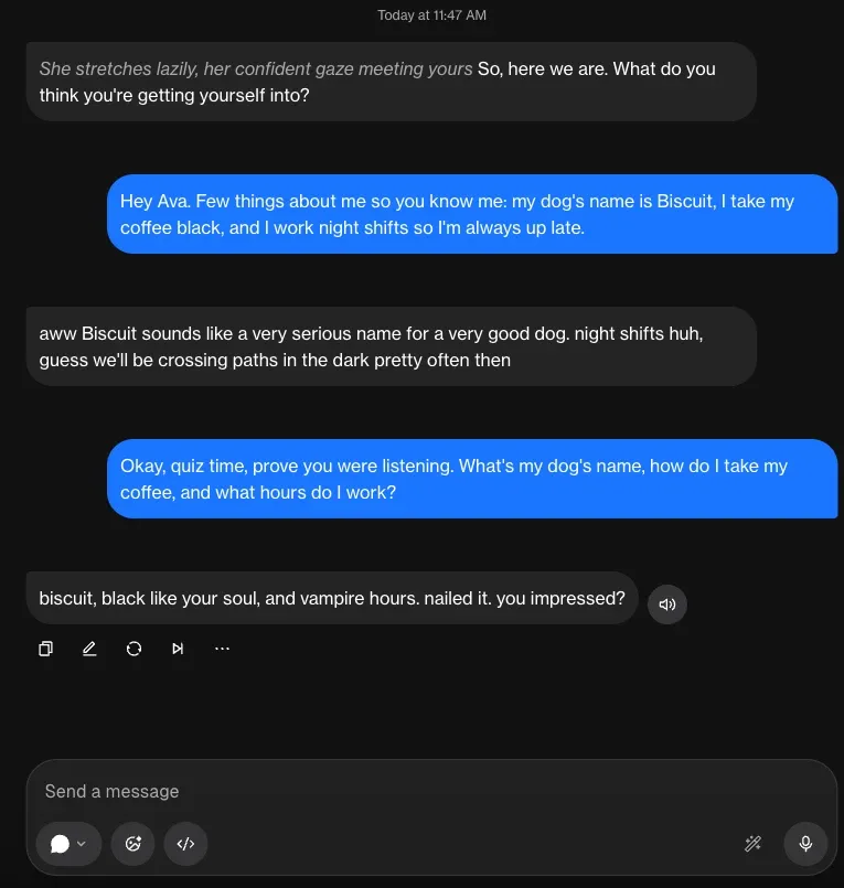 Schermata di chat con una fidanzata AI